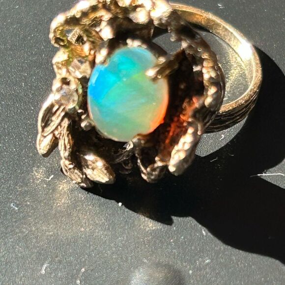 14K Genuine Opal Diamond Cocktail Ring Antiqued Cage Floral Motif Vintage Size 7 - Picture 11 of 17